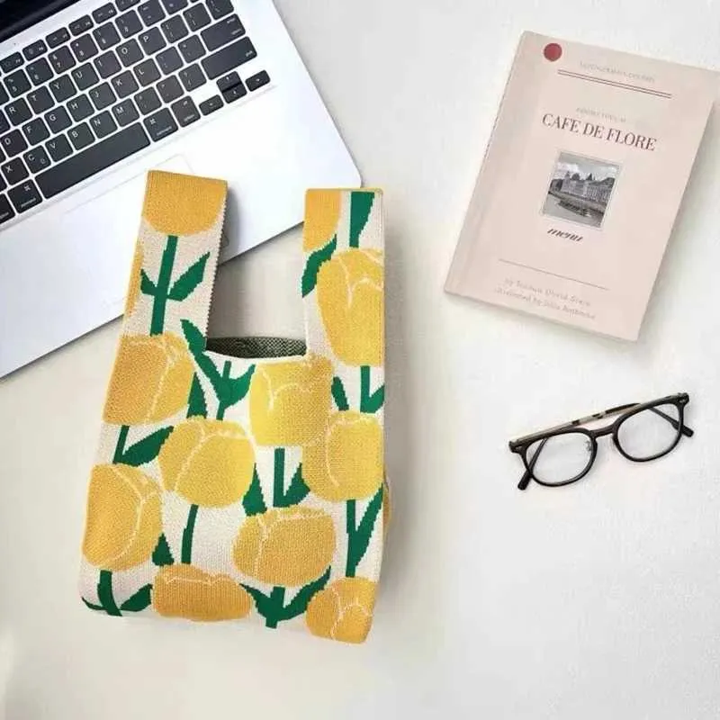 1 stk Fi strikket håndled tekst casual ral print Fem genanvendelig indkøbspose vævet håndtaske Y241106_voghion.com