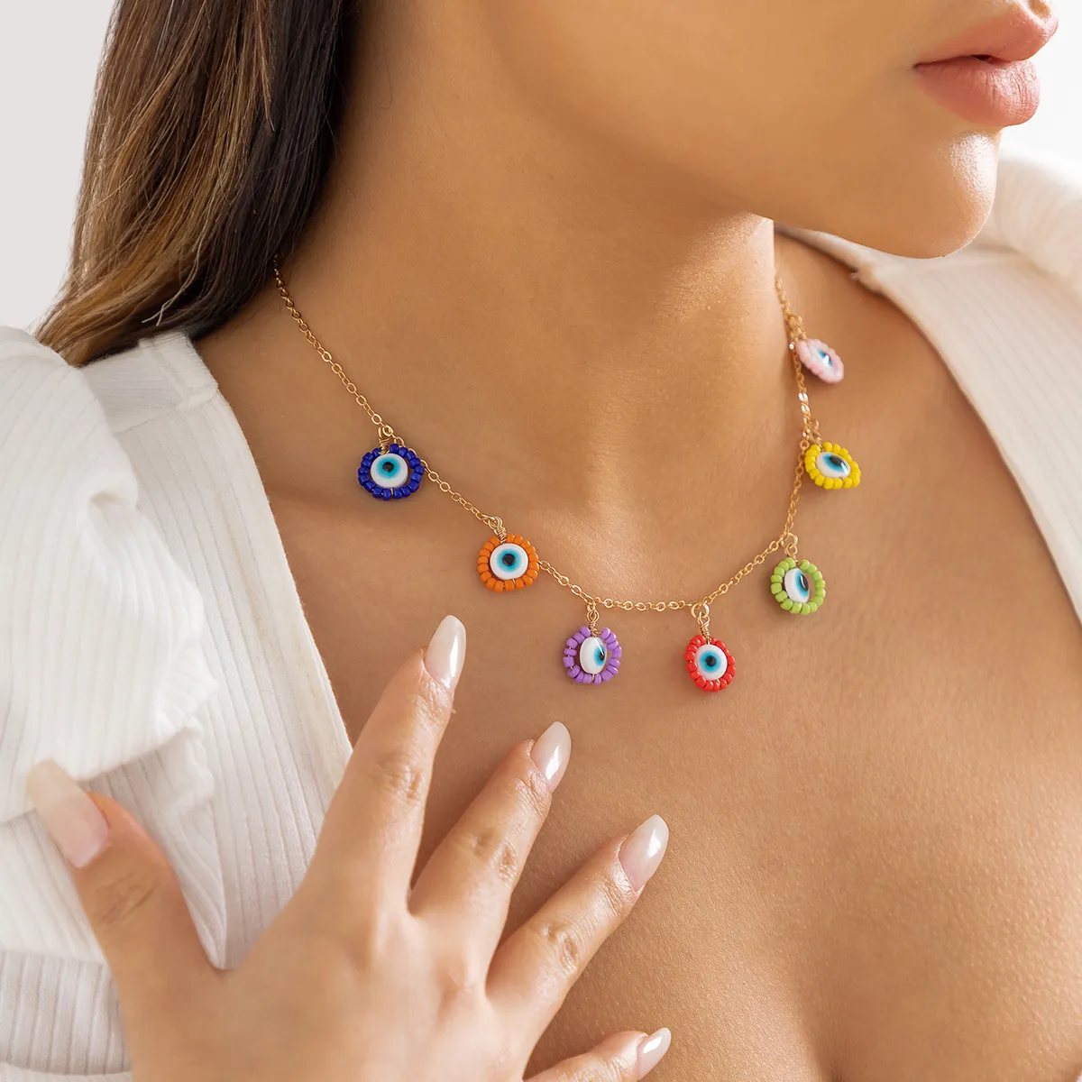 Chains Colored Rice Bead Daisy Tassel Chain Necklace For Women Simple Fashion Gold Plated Turkey Eyes Pendant 2023_voghion.com