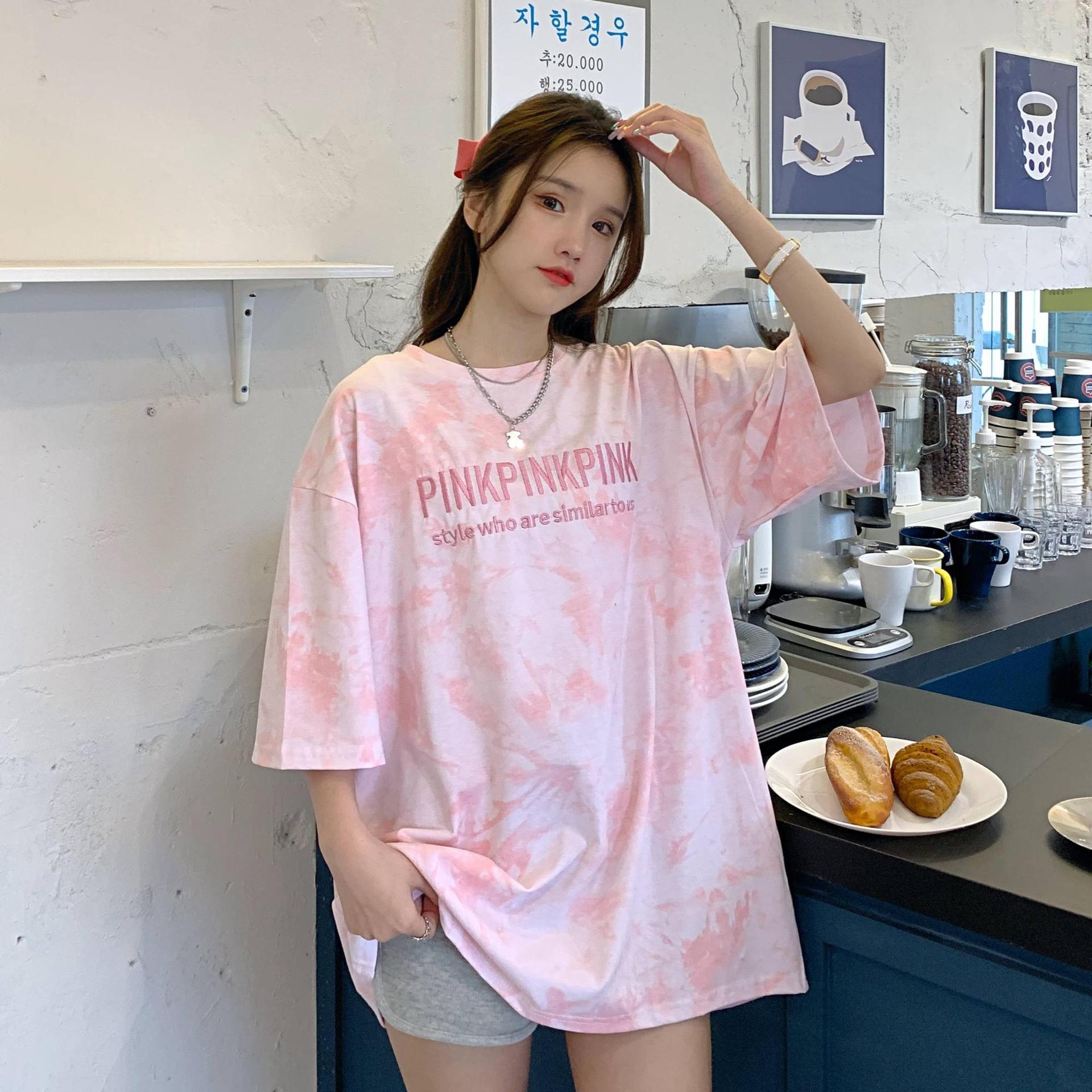 Women’s Clothing  Heavy embroidery letter gradient short sleeve top