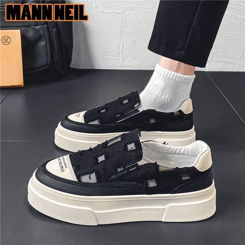 MannNeil 2024 New Summer Breathable Canvas Trdy M's Versatile Instagram High Street Brok Hole Beggar Board Shoes_voghion.com