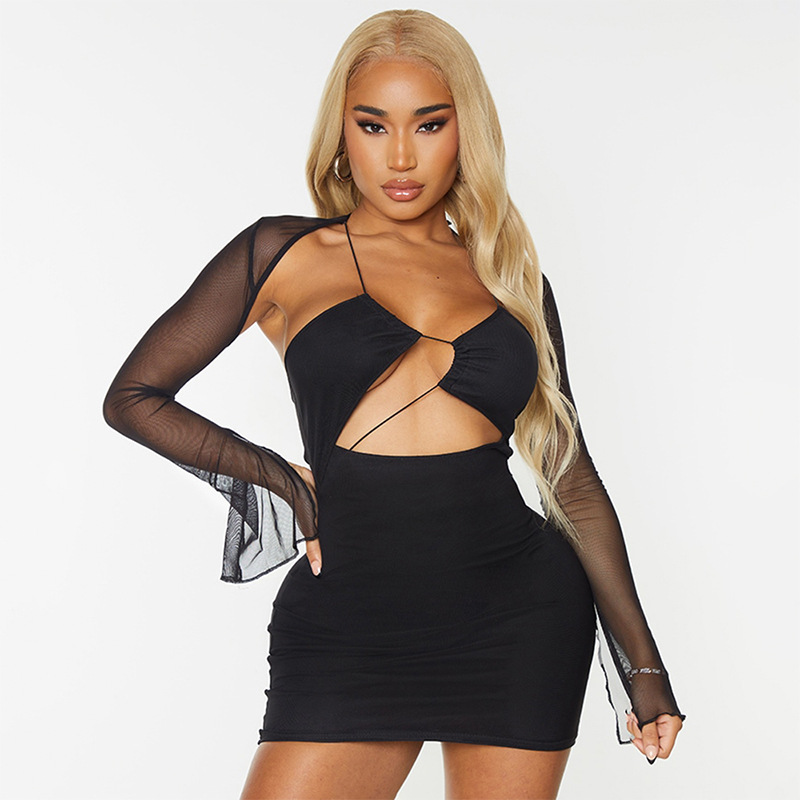Women's autumn new solid color gauze perspective shawl long sleeve wrapped dress_voghion.com