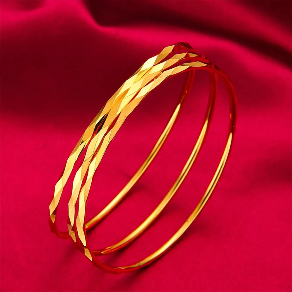 Golden Bangle Set For Women Smooth Round Cuff Bracelets 3 Piece_voghion.com