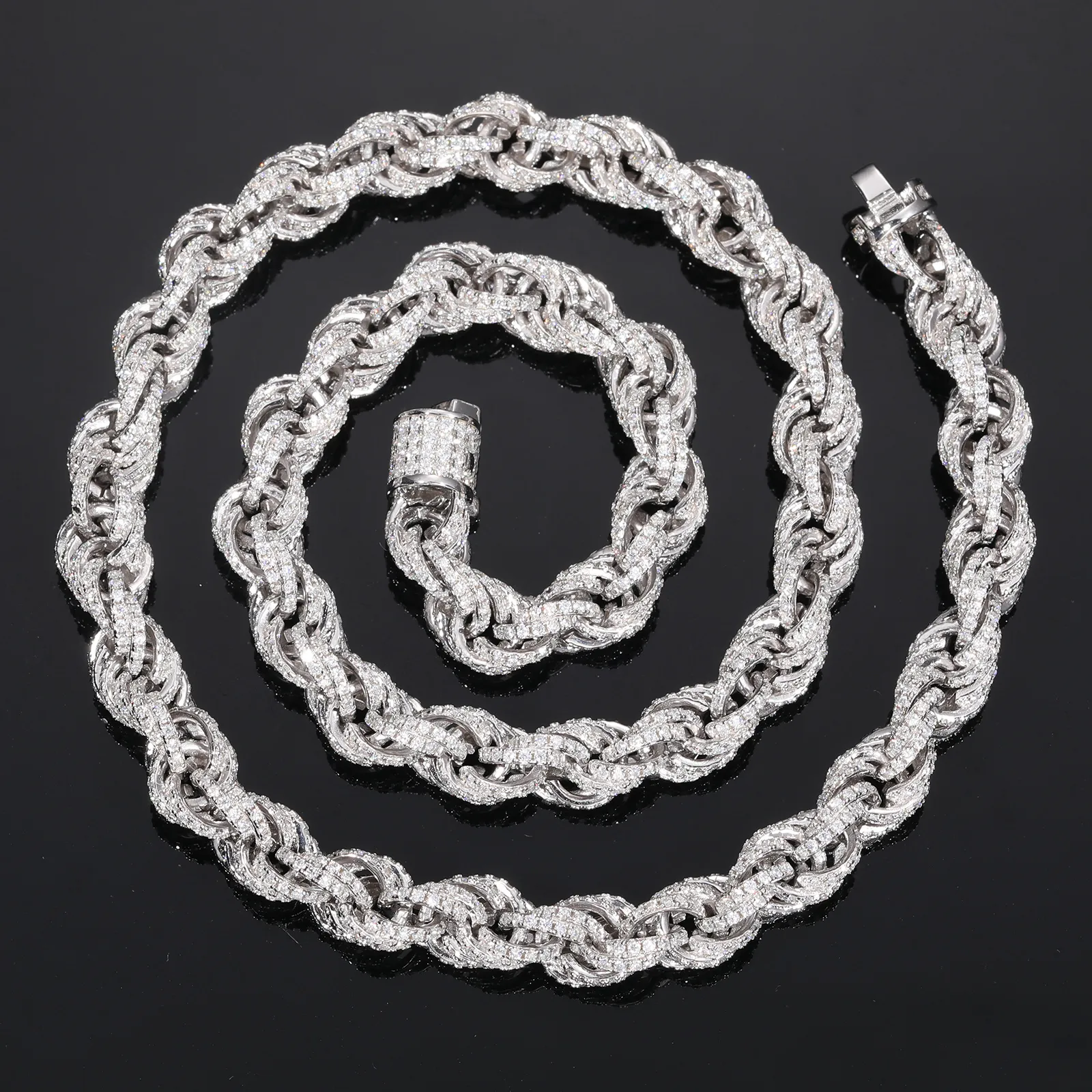 8mm Tamamen Buzlu Halat Kolye Yaylı Toka Bağlantı Zincir Bileklik Sterling Gümüş ve VVS Moissanite_voghion.com