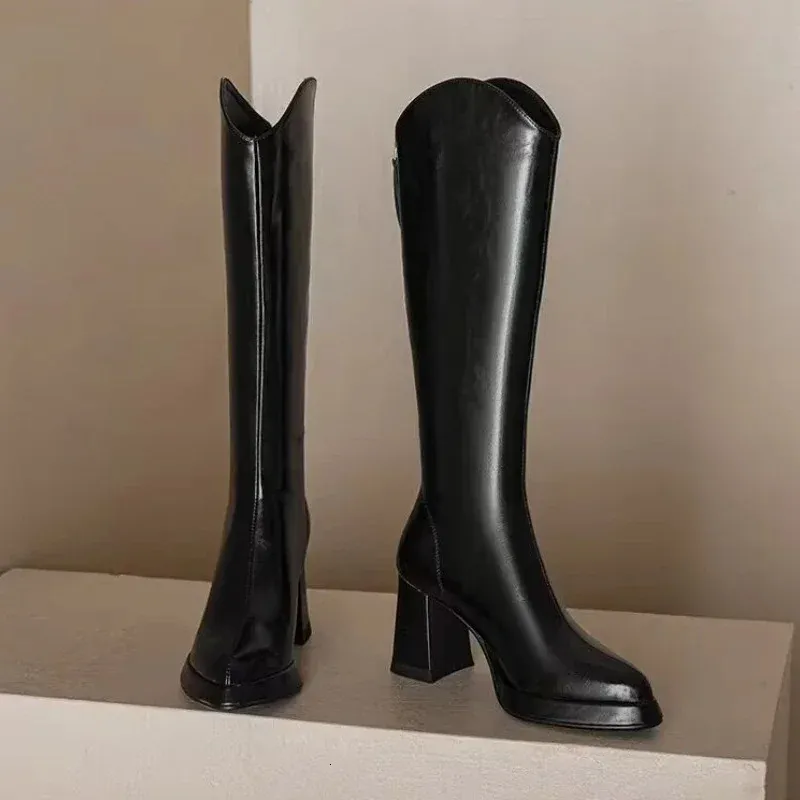 Zapatos de mujer a la moda nuevos de punta puntiaguda con tacón grueso para mujer hasta la rodilla botas largas marrones cálidas de invierno atos de mujer 240612 s_voghion.com