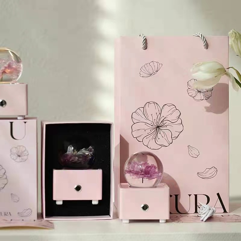 Krystalkugle i harpiks, julepynt, dobbelt pink kirsebærblomst, bluetooth-højttaler_voghion.com