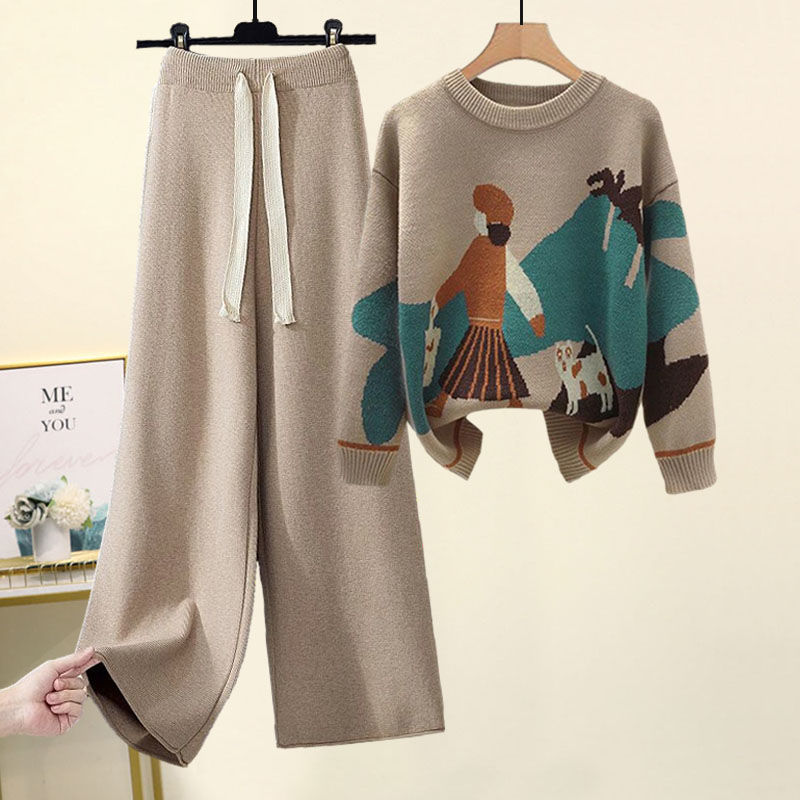 Vêtements pour femmes Grandes tailles pour femmes, costumes d'automne et d'hiver pour femmes, nouveau style de pulls tricotés, pantalons décontractés amples et slim, costumes deux pièces