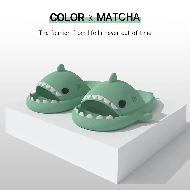 2024 Men Shark Slippers Boy Bathroom Non-Slip Flat Sandals Adults Outdoor Soft Thick Slides Kids Cute Solid Color EVA_voghion.com