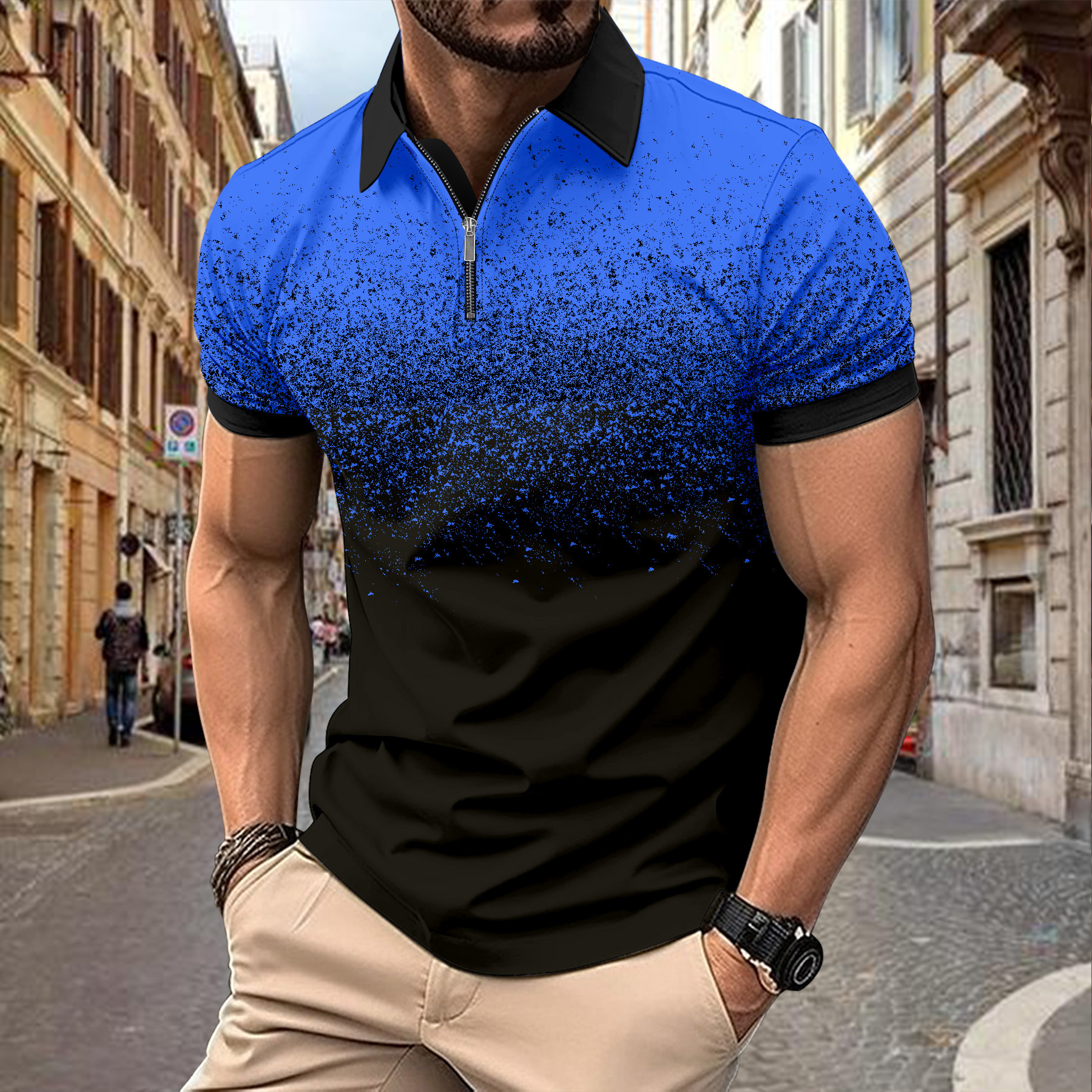 2024 Summer Fast Selling Flat Cloth POLO Zipper Men's Printed Stripe Polo Shirt_voghion.com