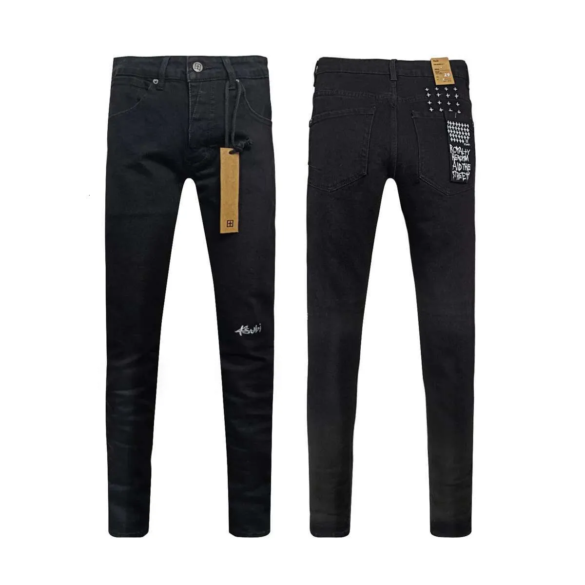 KSUBI Cross Men Fashion American High Street Black Casual Letter Embroidery Pants Stretch Skinny Ripped Frayed Jeans_voghion.com