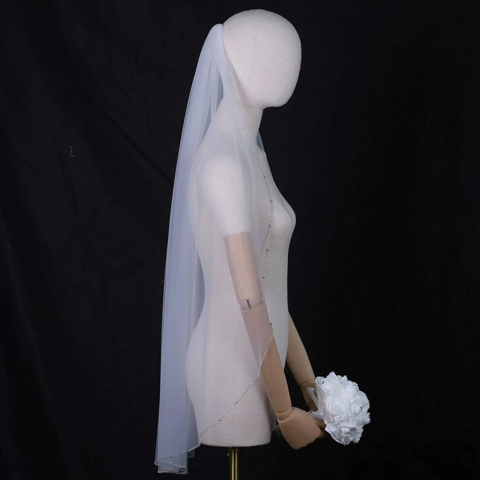 Gioielli per capelli, veli da sposa con perline di cristallo, velo da sposa a 1 strato, bordatura in perle di strass, morbido tulle con pettine a cattedrale_voghion.com