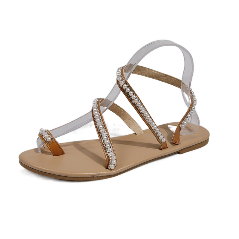 Top estivo taglia 43 con punta perlata per sandali da spiaggia con tacco piatto e perline da donna_voghion.com