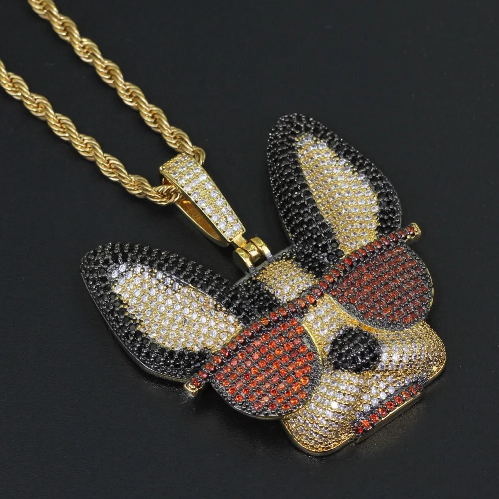 Colgante de latón con circonita cúbica grande y diseño de perro ingenioso con gafas, collar de estilo hip hop helado para hombres y mujeres, joyería de fiesta, regalo CN1371_voghion.com