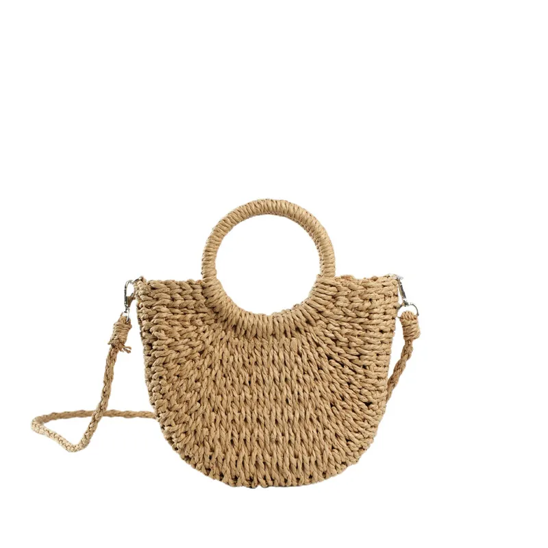 Sommer-Handgefertigte Taschen für Frauen, Weben, Damen, Strohumwickelte Strandtasche, Mondförmige Handtaschen mit Griff oben_voghion.com