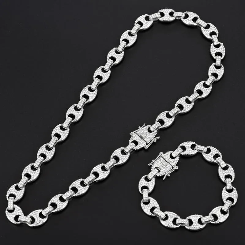 Gargantilla de cadena de eslabones y pulsera con diamantes de imitación y circonita cúbica helada en forma de grano de café brillante para hombre, joyería de estilo hip hop_voghion.com