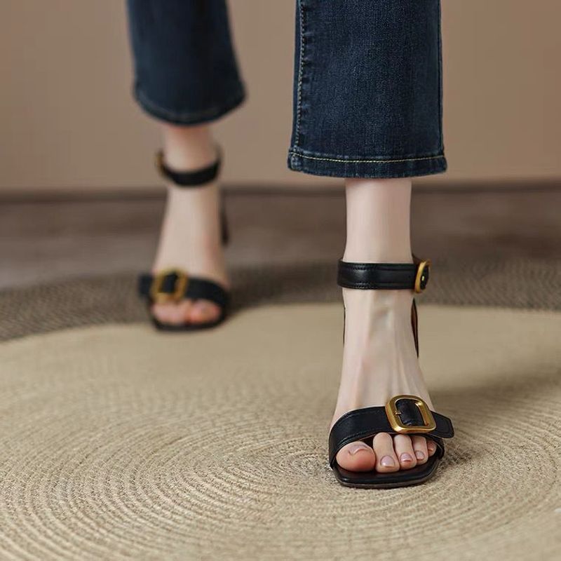 Metal High Heels Summer Square Toe for Women Vintage Buckle Lady Sandals Mid Heel Female Pumps_voghion.com