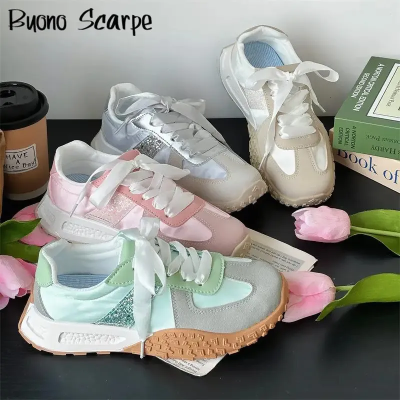 Trend Mixed Color Patch Work Round Toe Thick Sole Platform Womens Lace Upward Shining Western Casual Sports Shoes 250402_voghion.com