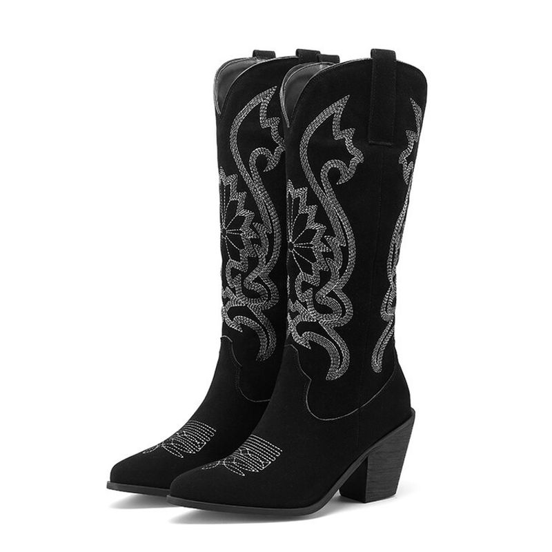 Spitzer Westernstiefel aus Wildleder-Denim mit Stickereien und klobigem, mittelhohem Absatz_voghion.com
