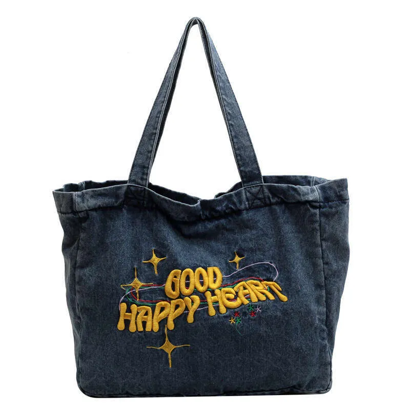 New Large Capacity Cowboy Shoulder Student's Canvas Schoolbag Women's Shopping Bag Street Dressing_voghion.com