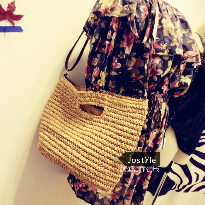 Borsa da spiaggia in stile pastorale con tracolla singola in paglia da donna_voghion.com