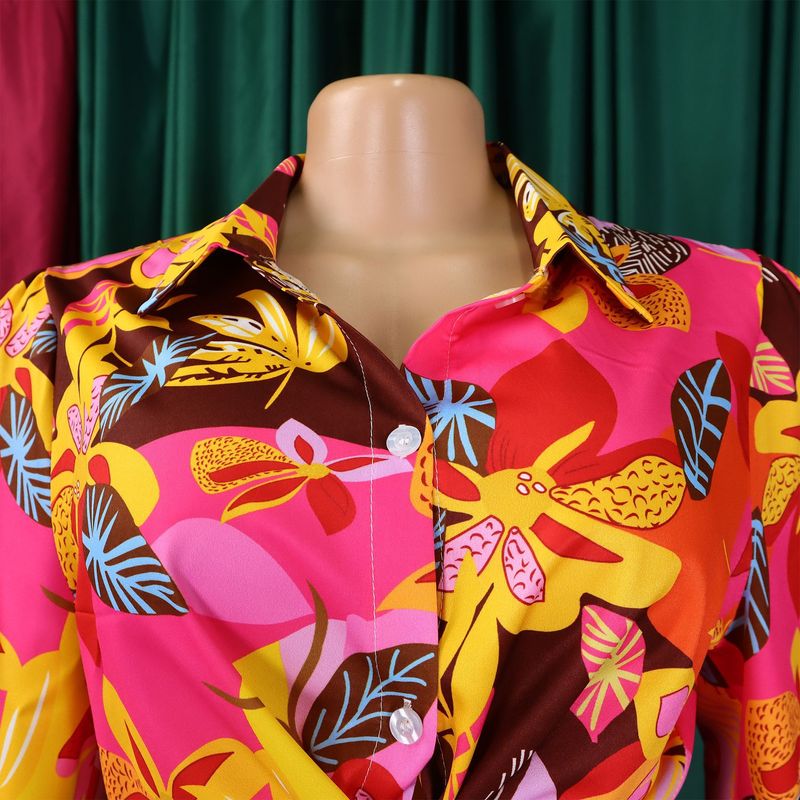 Women's Fashion Print Two-piece Lapel Tie Shirt Wide Leg Pants Suit_voghion.com
