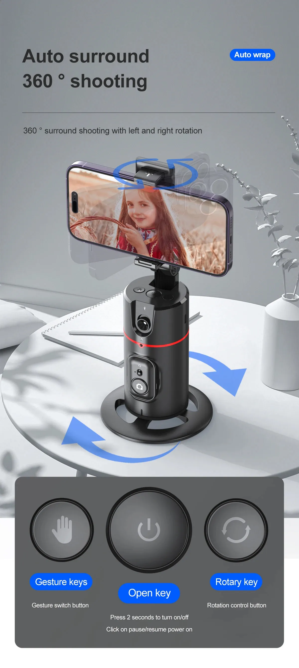 Selfieshow P02 Gimbal 360 Rotation AI Automatic Tracking Shooting Stabilizer Detachable Phone Clip Mini Selfie Stick_voghion.com