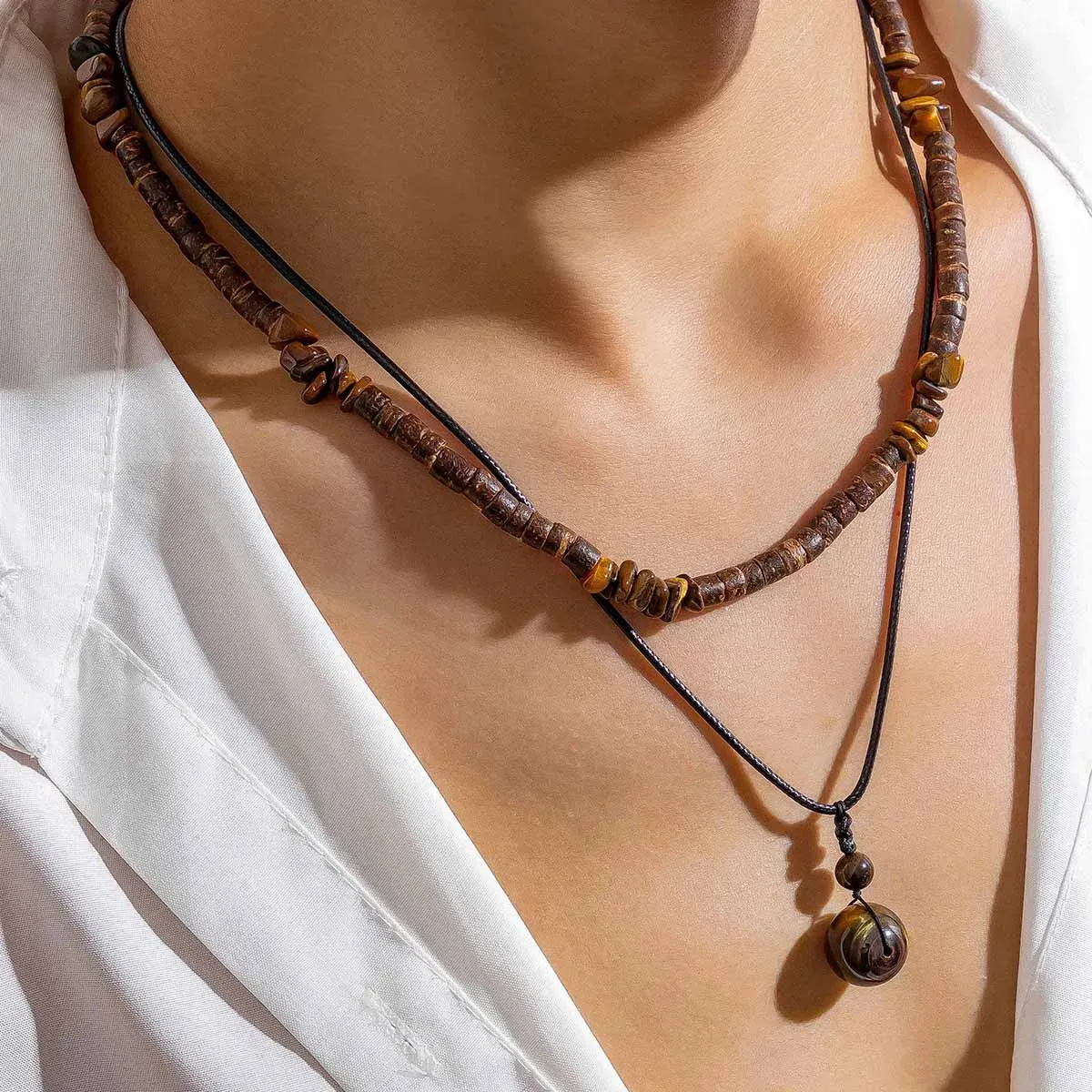 Chaînes Salircon Vintage Ethnique Géométrique Gravel Chaîne Clavicule Collier Boho Noix De Coco Bois Perle Hommes Cou Bijoux_voghion.com