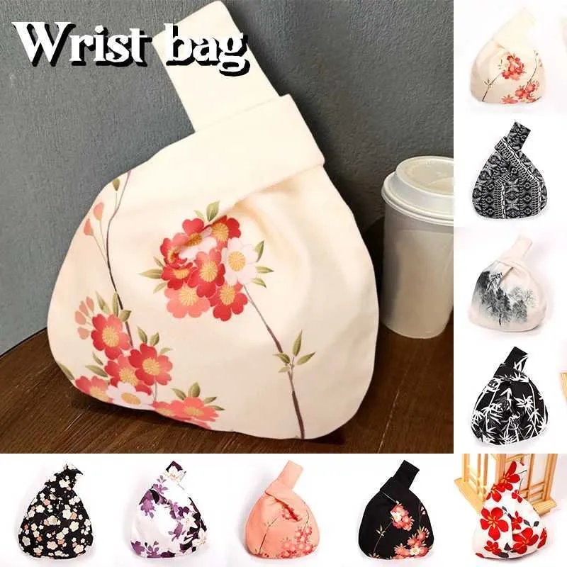 Japanese knot wrist handmade retro handbag portable mini printed wer bucket large capacity folding party bag Y241106_voghion.com