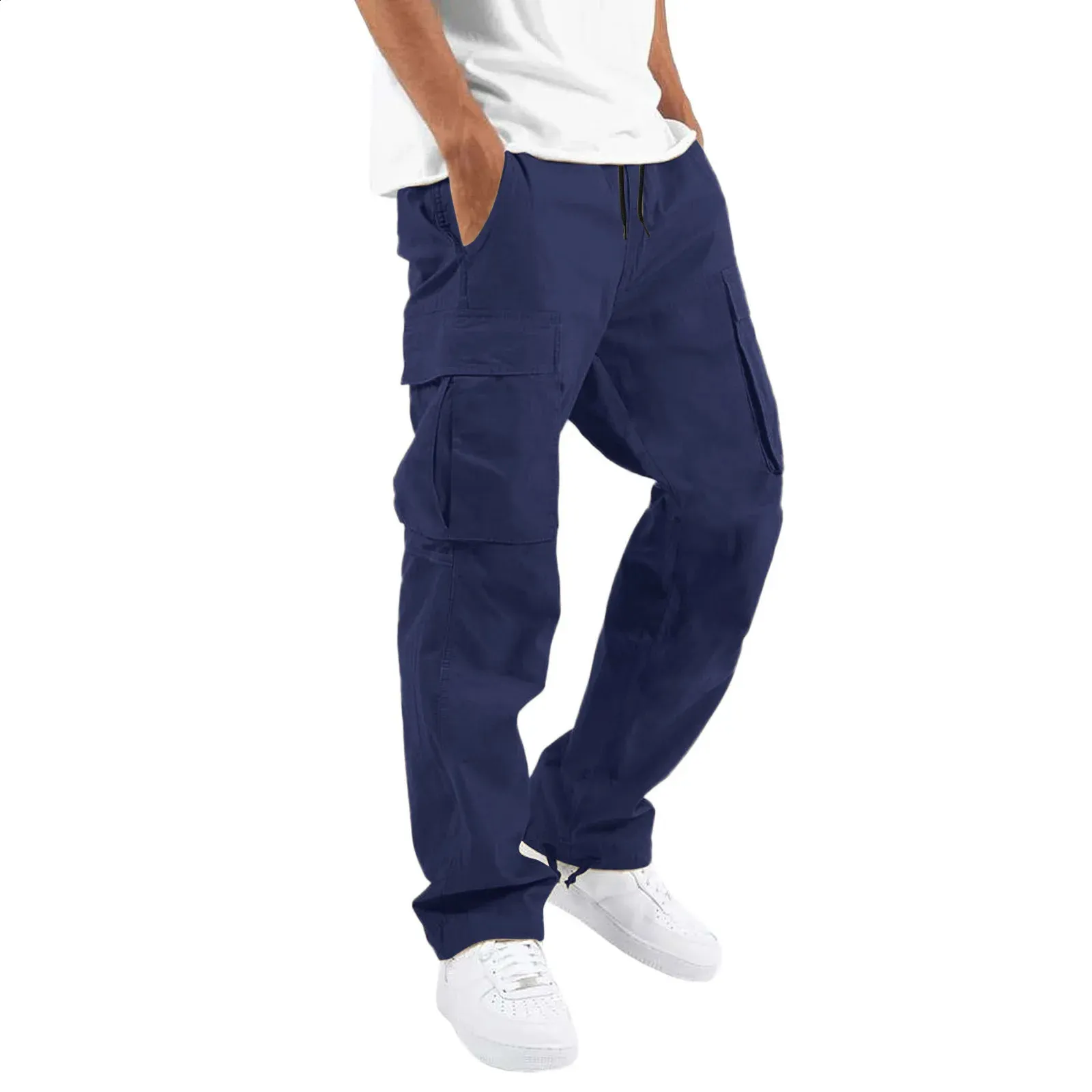 Calças para homens comprimento total cor sólida solta vários bolsos bolsos com cordão calças cargo masculinas 3XL 240813_voghion.com