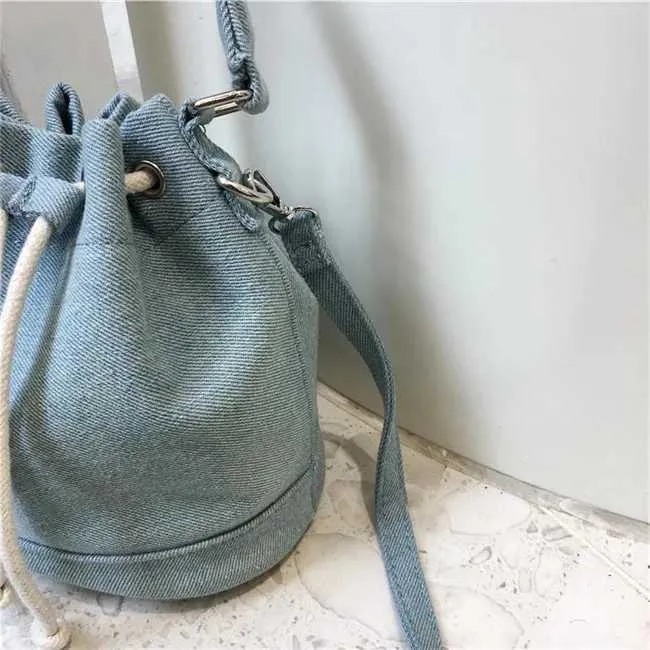 Women Fashion Denim Bucket Solid String Handbags Casual Mini Crossbody Bags Female All-matched Messenger PackC241212_voghion.com