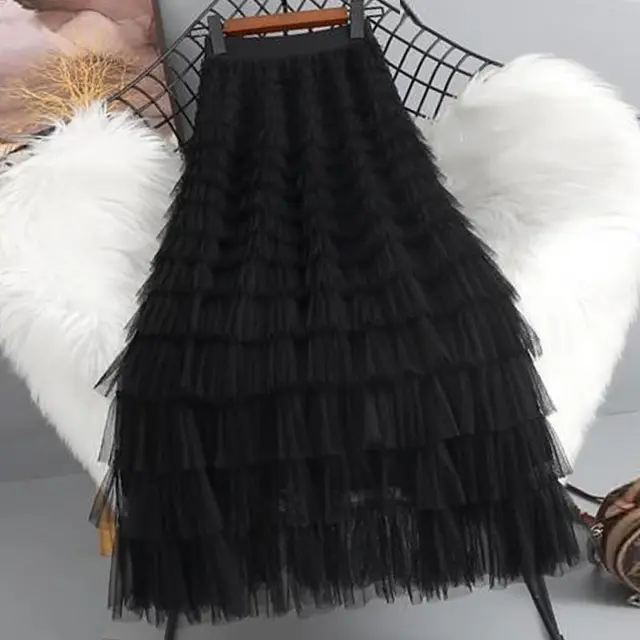 vendita calda Tutu Cake Donne Eleganti Cascading Ruffles A Line Gonne Lunghe Donna Casual Elastico Vita Festa Gonna In Pizzo_voghion.com