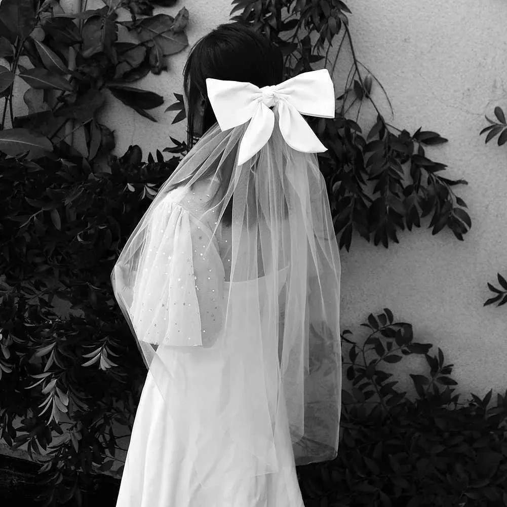 Voile de mariée court en tulle à double couche, couleur unie, avec clip et ruban, pour femme_voghion.com