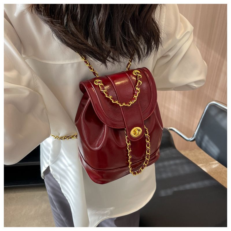 Damen Rucack Kleine Kette Retro Leder Tasche Schulter Umhängetasche_voghion.com