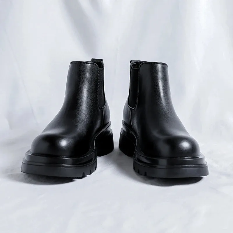 Men's Platform Chelsea Boots Leather High Top Elevator Shoes_voghion.com
