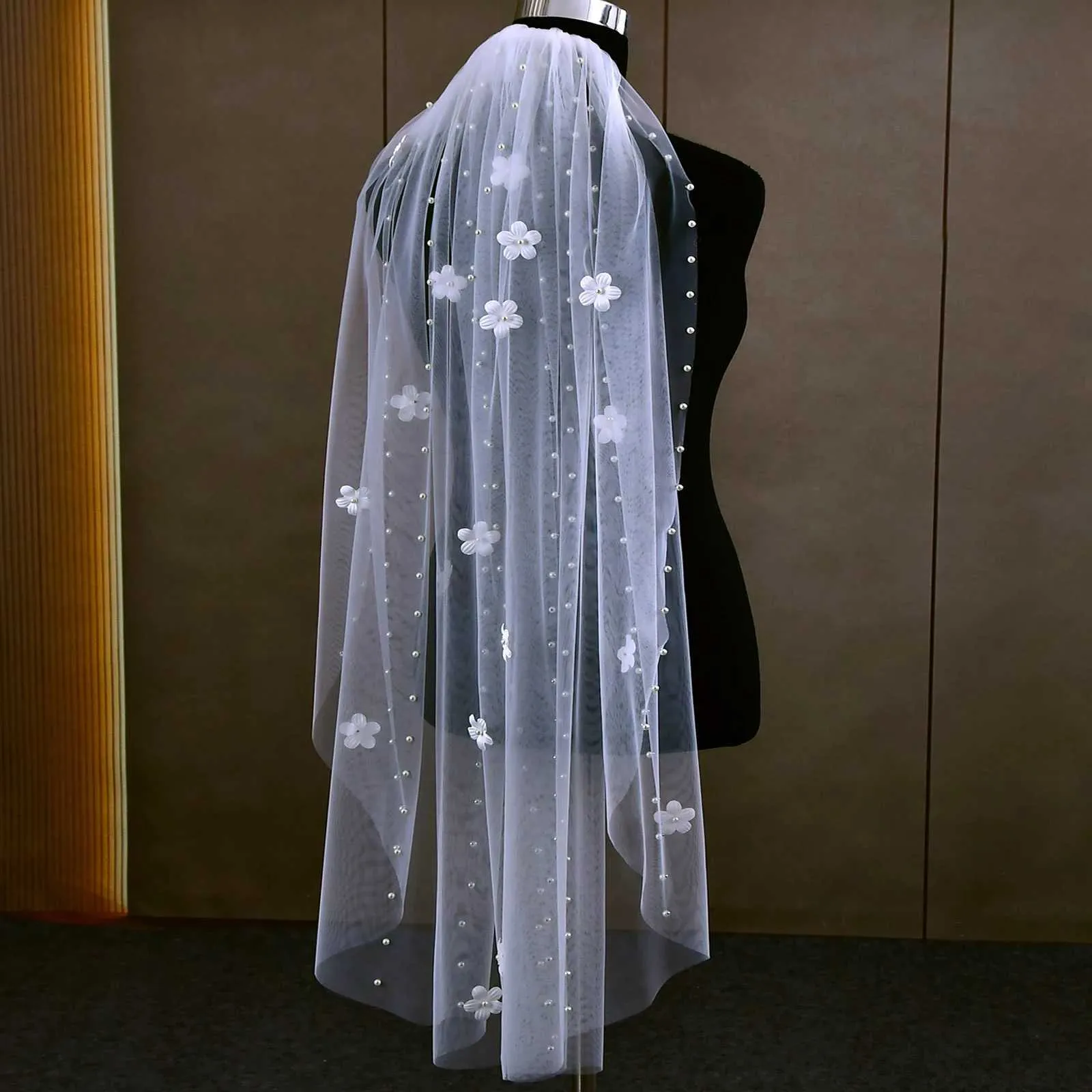 Gioielli per capelli V193 Velo da sposa con perline e perline, fiori 3D, lungo, cattedrale, morbido, illusione, con pettine, elegante sposa_voghion.com