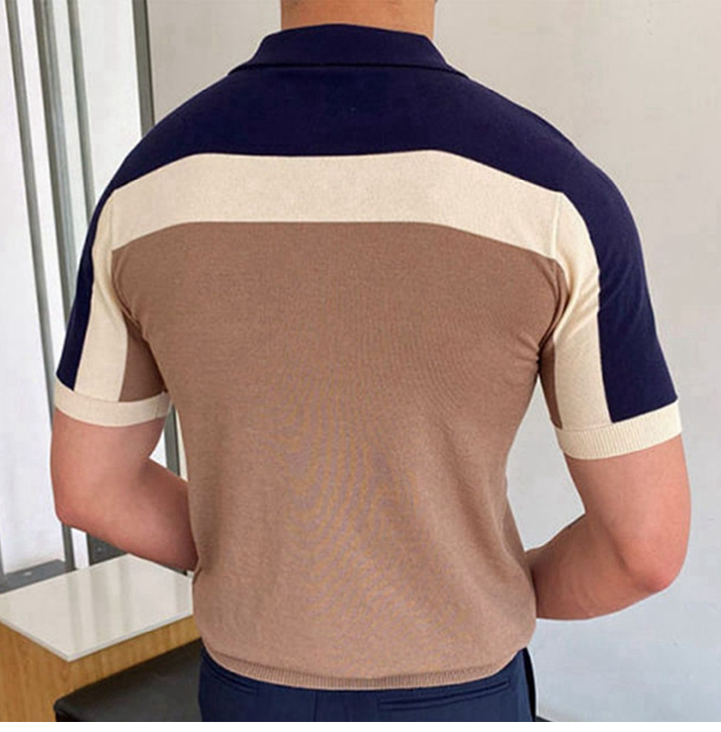 Nuova camicia da uomo in maglia patchwork con maniche corte, colore a contrasto, polo aderente, da uomo SY0046_voghion.com