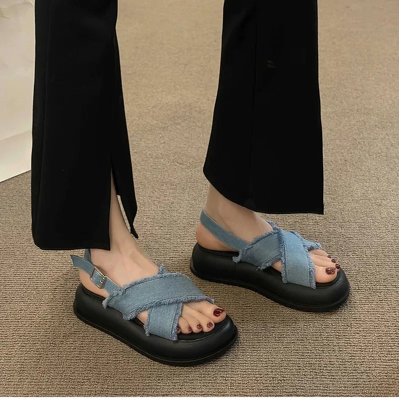 Gladiator Sandals For Women Denim Thick Sole Elegant Beach Shoes_voghion.com