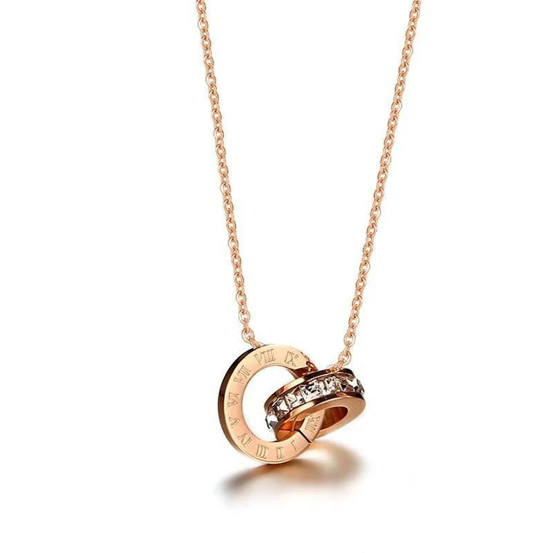Roman Numeral Interlocking Ring Pendant Necklace In Rose Gold_voghion.com