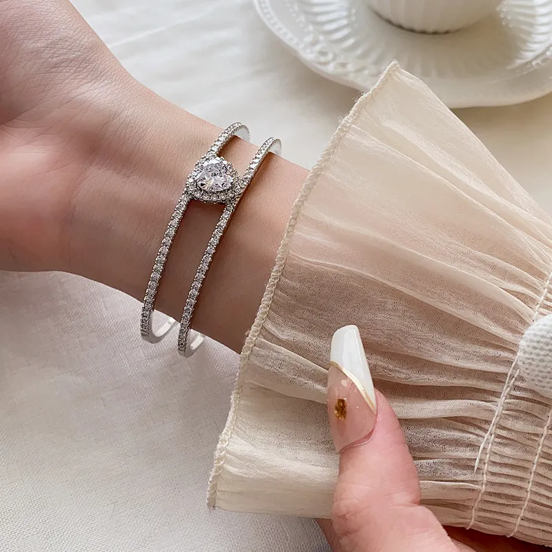 Heart Zirconia Bangle And Ring Set For Women Silver Colour_voghion.com