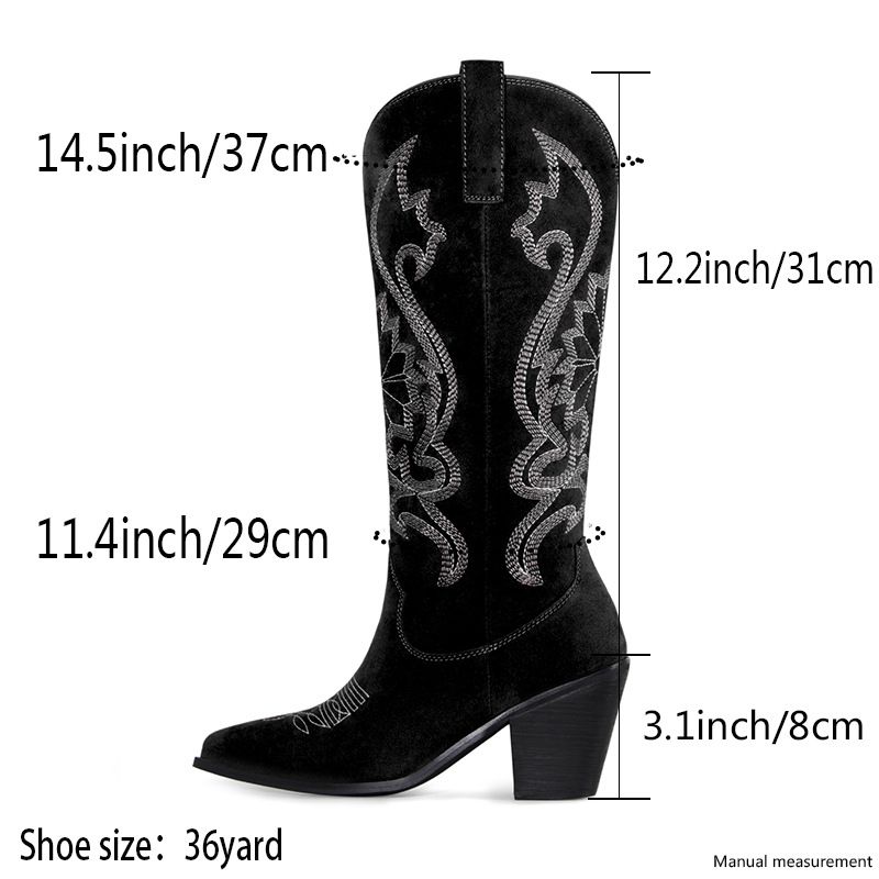 Spitzer Westernstiefel aus Wildleder-Denim mit Stickereien und klobigem, mittelhohem Absatz_voghion.com