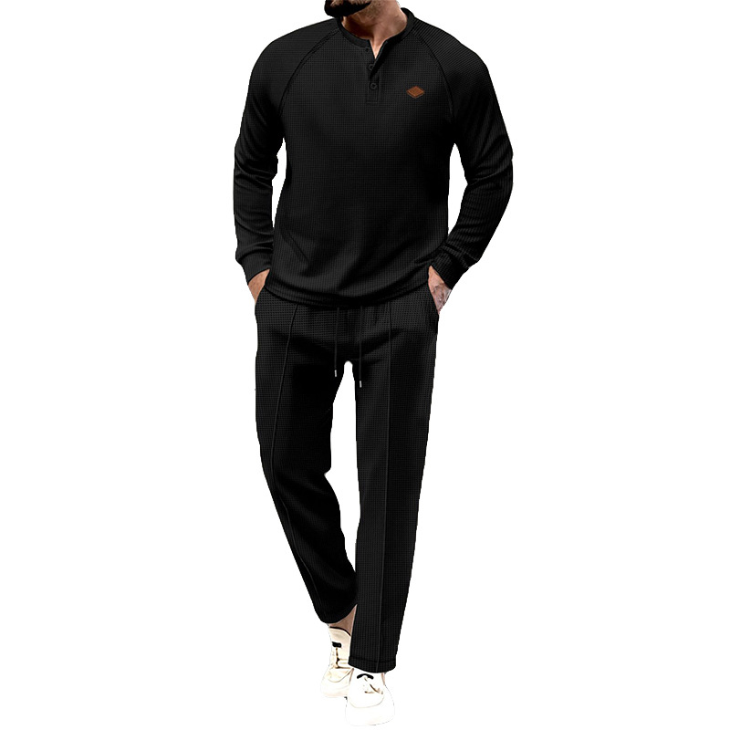 2024 Spring and Autumn New Men's Solid Color Waffler Henley Long sleeved Pants Set_voghion.com