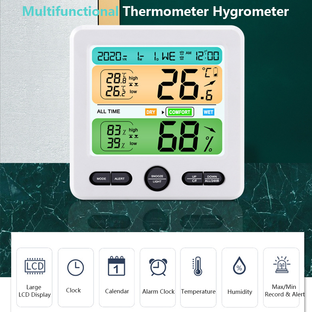 Stor LCD-skärm bakgrundsbelyst digital inomhustermometer och hygrometer för hemmet med väckarklocka och max/min-inspelning_voghion.com