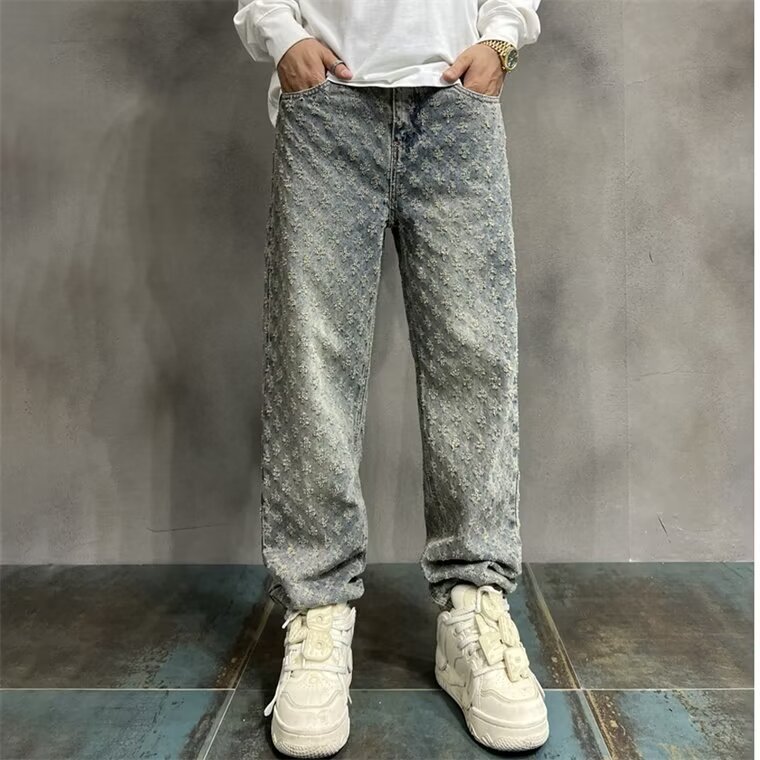 Pantalones vaqueros para hombre Otoño/Invierno 2024 Pantalones rectos holgados de calle retro Tecnología de lavado con láser para hombre Estrellas de alta calidad Las mismas