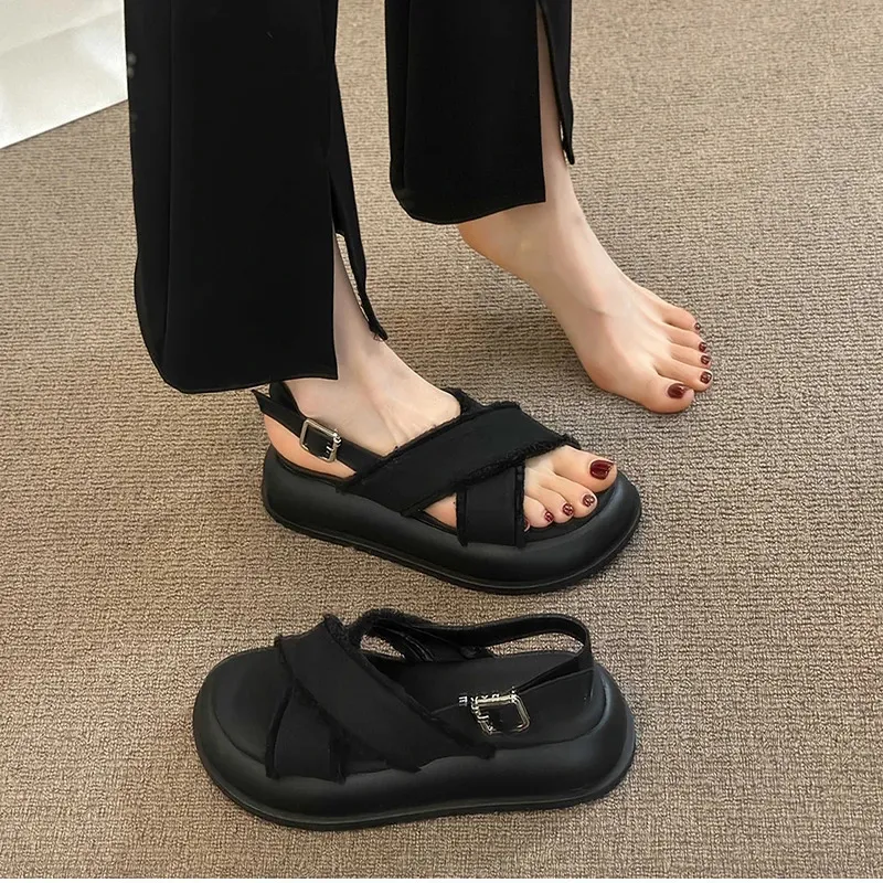 Gladiator Sandals For Women Denim Thick Sole Elegant Beach Shoes_voghion.com