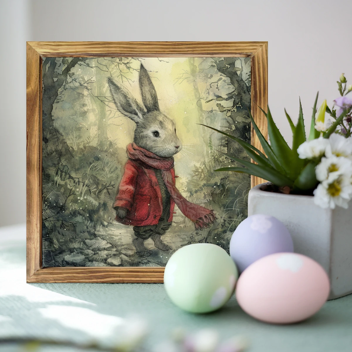 Charmig kanin i röd rock, vintage träinramad väggkonst - perfekt för bondgårdsinredning, vardagsrum, entré och sovrum - perfekt påskpresent, 20x20 cm_voghion.com