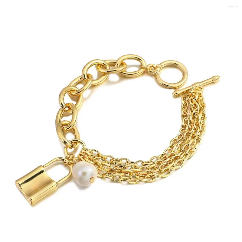 Brățări Flashbuy de culoare aurie, elegante, din metal, gros, lanț gros cu perle, pandantiv, bijuterii de modă, Pulseira_voghion.com