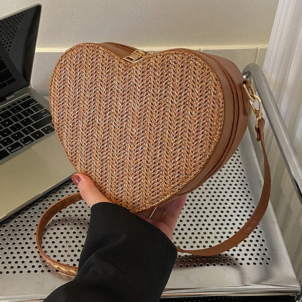 Damenmode Umhängetaschen Große Kapazität Stroh Umhängetasche Lässiger Reißverschluss Leichtes PU Einfarbig Für Die Reise_voghion.com