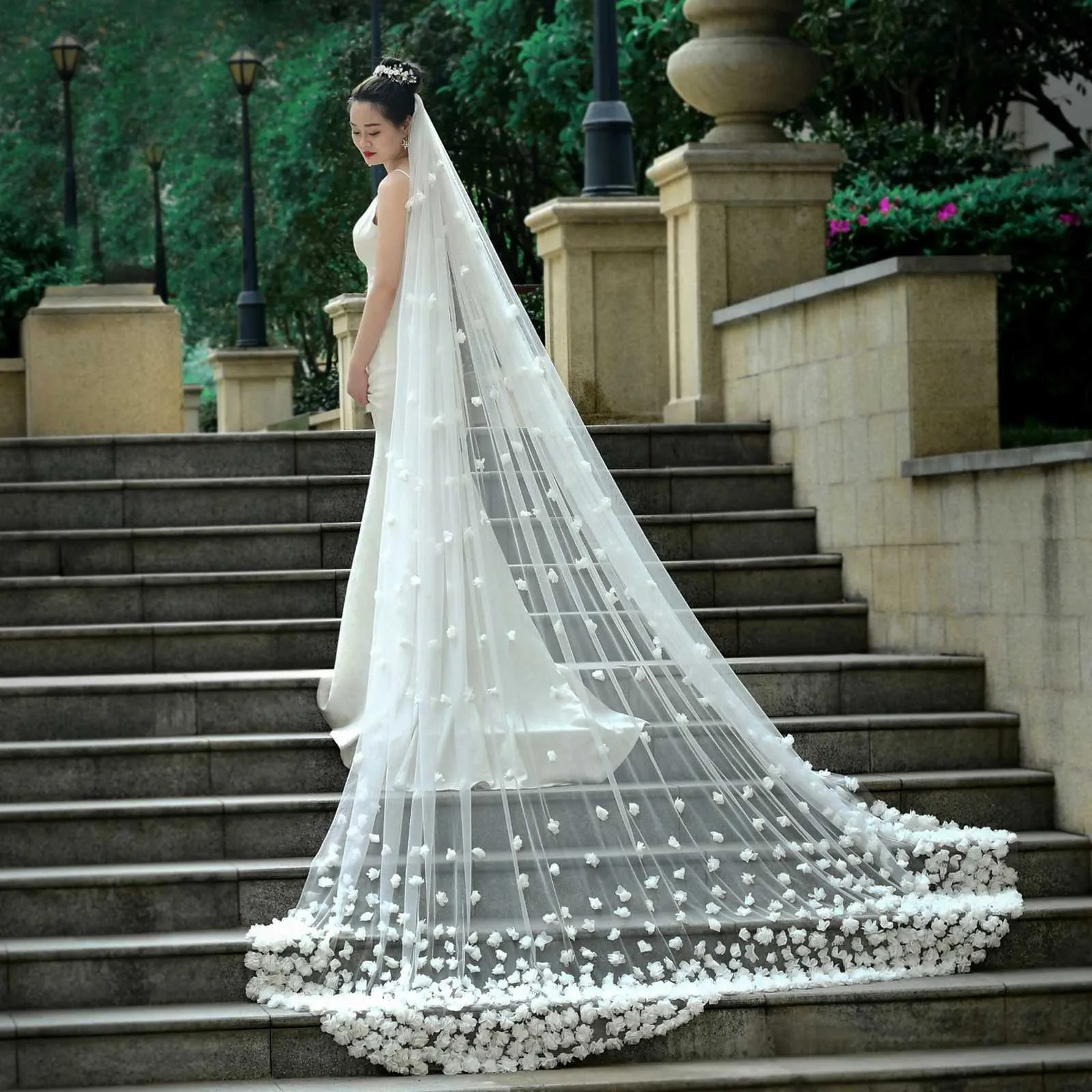 Hair Jewelry 3D Flowers Bridal Long Cathedral 1 Layer Soft Wide Veil With Comb Wedding Accessories For Bride V93_voghion.com