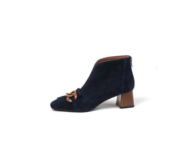 New Autumn/Winter Women Sheep Suade Toe Square Heel Mid-Heel Ankle Boots Fringed Zipper Fashion Office Lady Shoes_vogvips.com