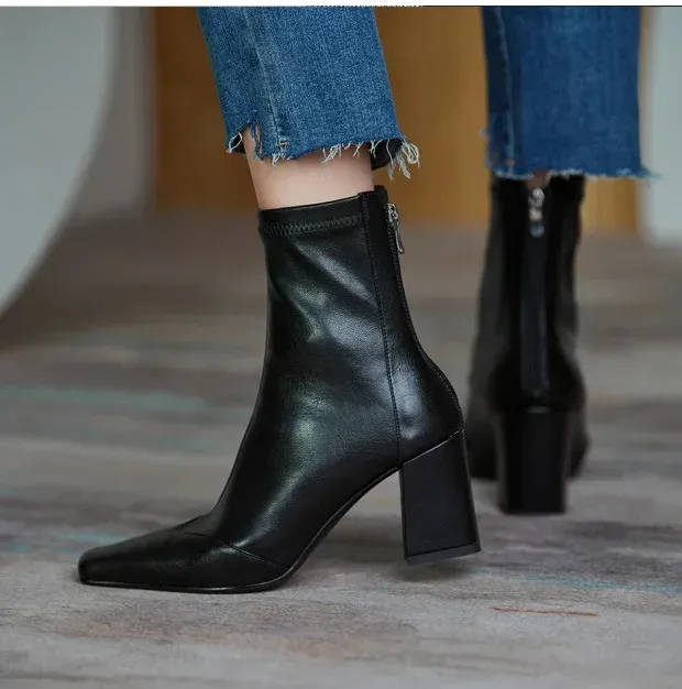 Vintage Dicke Frauen Stiefeletten Heels Boot Mode Spitzschuh Reißverschluss Winter Damenschuhe Leder Braun Kurze Booties_voghion.com