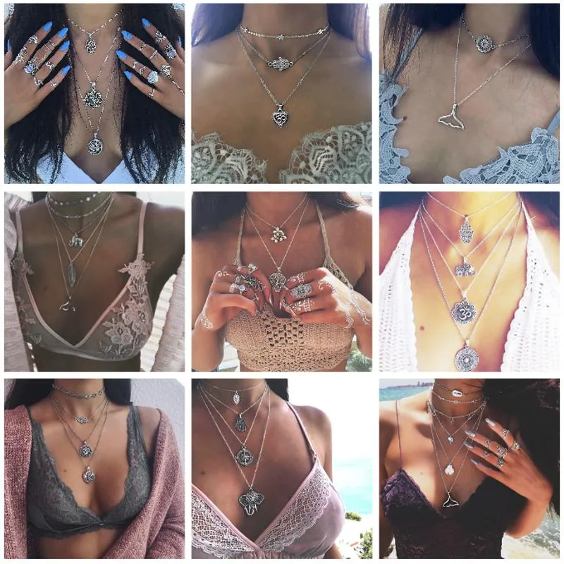 Collane con ciondolo Boho Antique Sier Color Elephant Leaf Whale Tail Choker Collana multistrato Collare per donna Gioielli_voghion.com
